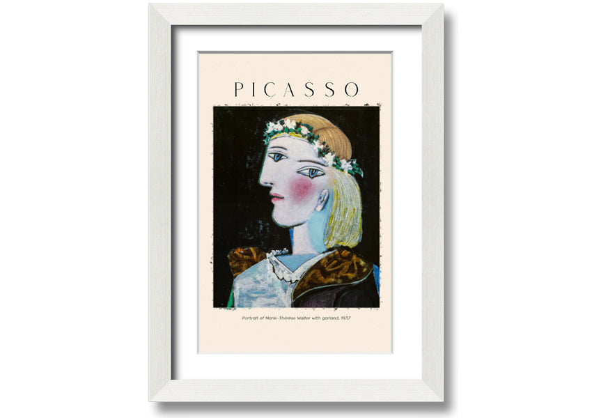 A vibrant canvas print of Picasso's Portrait Of Marie-Thérèse Walter, featuring a woman with a garland, mounted on a box frame.